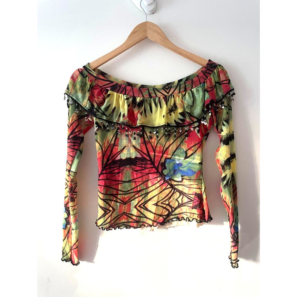 VNTG Y2K Elana Kattan Multicolor Sheer whimsigoth Off the shoulder Floral Top